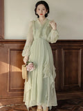 Kylethomasw Spring Romantic Fairy Dresses Women Vintage Cottagecore V-neck Ruffle Green Princess Dresses Boho Vestido Festa Robe Femme