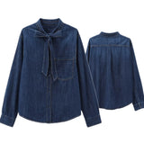 KYLETHOMASW  -  Autumn Long Sleeve Blouse Women Minimalist Denim Shirt Fashionable Elegant Bow Tie Commuting Casual Shirt Ladies