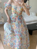 KYLETHOMASW  -  Women's French Puff Sleeves Floral Long Dress Summer Korean Fashion Cool and Breathable Bare Shoulder Vestidos Robe