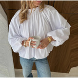 KYLETHOMASW  -  Hollow Out Backless Bowknot Blouses For Women Solid Lantern Sleeve Stand Collar Shirts Lady 2025 Spring Summer Streetwear Tops