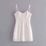 KYLETHOMASW  -  Women White Lace Hollow Out Embroidery With Wire Bra Chest Sling Mini Dress Romantic Backless Sling Party Club Bodycon Dresses