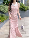 KYLETHOMASW  -  Summer Pink Tweed Two Piece Set for Women High End Elegant Style Sleeveless Top and Slim Fit Midi Skirt Flattering Outfit
