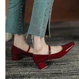 KYLETHOMASW  -  Spring Autumn Women Buckle Mary Janes Shoes Patent Leather Dress Shoes High Heels Pumps Retro Ladies Shoe Black Red