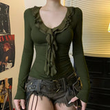 KYLETHOMASW  -  American Vintage Ruffles V-neck Long Sleeve Tshirts Solid Slim Fit Casual Pullover Tee Spring New Y2k Aesthetic Ropa Mujer