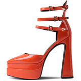 KYLETHOMASW  -  Red Black Patent Leather Pointed-Toe Platform Pumps Multi-Strap Design Gold Buckles Chunky Block Heel Elegant Looks for Women