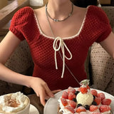 KYLETHOMASW  -  French Fashionable and Vintage T-shirt Summer New Fashion Contrast Bow Bubble Sleeves Knitted Shirt Female Clothing