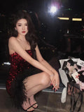 KYLETHOMASW  -  Korean Women Silver Red Patchwork Sequin Elegant Sexy Sleeveless Strapless Short Dress Summer Backless Party Wrap Hip Mini Dress