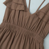 KYLETHOMASW  -  Summer New Suspender Deep V Strap Ruffle Edge High Waist Solid Color Dress