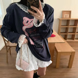 KYLETHOMASW  -  Korean Temperament Bow Letter Printed T-shirt Women Spring New Patchwork Lace Edge Long Sleeved Top