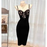 KYLETHOMASW  -  Women's Elegant Lace Patchwork Bodycon Midi Dress Spaghetti Strap V Bust Cocktail Party Dress