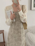 KYLETHOMASW  -  Korean Chic French Fake Two Piece Contrast Color Long Sleeve Slim Waist Lace-up Dresses