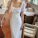 KYLETHOMASW  -  Fairy Beach Dress Women Lace Square Collar Belt Waist Slim Fit Folds Long Dresses Summer Puff Sleeve Elegant Vestidos