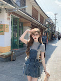 KYLETHOMASW  -  2000s Vintage Clothing 2 Piece Dress Sets Women Korean Fashion Y2k Crop Tops Tshirts + Blue Denim Dress Japanese Kawaii Jean