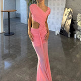 KYLETHOMASW  -  Fashion Irregular Solid Color Dress Temperament High Waist Mesh Hollow Out Dress Sexy Sleeveless Pleated Wrap Hips Evening Dress