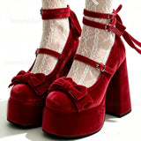 KYLETHOMASW  -  Red Bow Knot Decor Platform Pumps Solid Round Toe Chunky High Heels Shoes High Heel Shoes for Women New Zapatos Para Mujere