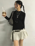 KYLTHOMASW  -  Spring and Summer Vintage Korean Retro High Street Low Waist Ruffles Skirt with Belt Streetwear Fashion Mini Skirt