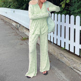 KYLETHOMASW  -  Bowknot Print Loungewear Comfy Soft Button Up Blouse Tops + Long Pants Women Autumn 2 Piece Set Sleepwear Cute Pajama Suit