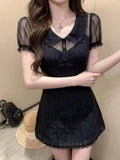 KYLETHOMASW  -  Summer French Elegant Lace Doll Collar Puff Sleeve Sheer Polka Dot Mesh Hollowout Slim Fit Two Piece Dress Women Daily Party
