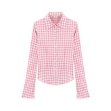 Kylethomasw Y2k Pink Plaid Women Shirts Check Graphic Long Sleeve Blouses Female Spring Autumn Sexy Slim Button Up Cardigan Chic Ins
