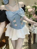 KYLETHOMASW  -  New Heavy-industrial Denim Design Three-dimensional Embroidered Sweet Suspender Slim Top