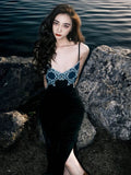 KYLETHOMASW  -  Velvet Slip Dress Women Summer Embroidery French Vintage Slim Robe Halter Dresses for Women Korean Fashion Vestidos
