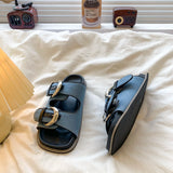 KYLETHOMASW  -  Black Soft Leather PU Flat Sandals Women Fashion Metal Buckle Slide Slippers Summer Light Non-Slip Beach Shoe Sandalias De Mujer
