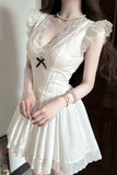 KYLETHOMASW  -  French First Love Dress Women Summer White Lace Short Dress Puff Sleeve Hollow-Out Floral Embroidery A-Line Flared Skirt Y2K
