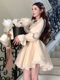 KYLETHOMASW  -  Elegant White Short Dress Autumn Women Lace Ruffles Elegant A-line Princess Dress French Birthday Party One Piece Mini Vestidos