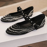 KYLETHOMASW  -  Retro Rivet Mary Jane Shoes Women Belt Buckle Shallow Round Toe Single Shoes Female Fashion Suede Elegant Dress Shoes Ladies