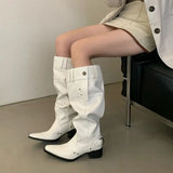 KYLETHOMASW  -  Black Boot Knee High Long Shoes Woman Pointed Toe Chunky Heels White Winter Boots Fashion Belt Buckle Rivet Wide-Leg Ladies Shoe