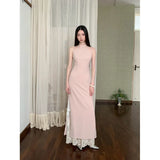 KYLETHOMASW  -  New Chinese Style Stand Collar Cheongsam Lace Pink Dress Slim Waist Long Skirt