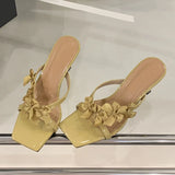 KYLETHOMASW  -  Designer Yellow Silk Flowers Narrow Band Square Toe Mules Low Thin Heels Slippers Women Gladiator Sandals Summer Shoes
