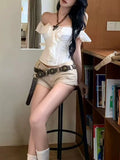 KYLETHOMASW  -  American Retro Sexy Style Denim 2 Piece Set Women Lace Sleeveless Tube Top Mini Skinny Pants Summer New Fashion Slim Outfit