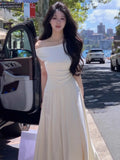 KYLETHOMASW  -  Casual White Solid Long Dresses Fairycore Slash Neck Inclined Shoulder Vestidos Summer Lace-up Ruched Trumpet Womens Dress