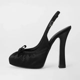 KYLETHOMASW  -  New Women's Beige/Black Satin Slingback Pumps Bowknot Decor Round Toe Platform Block High Heel Fashion Party Evening Shoes
