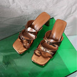 Kylethomasw Antique Brown Patent Leather Double Buckle Strap Slides Designer Square Open Toe Low Block Heel Sandals Flip Flops Women Shoes