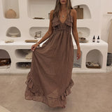 KYLETHOMASW  -  Summer New Suspender Deep V Strap Ruffle Edge High Waist Solid Color Dress