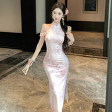 KYLETHOMASW  -  Dresses Women Elegant Off Shoulder Stand Collar Split Vintage Temperament Party Dress Slim Stretch Sexy Ladies Fashion