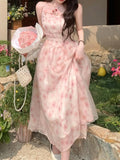 Kylethomasw Y2K Elegant Print Chiffon Halter Dresses for Women Sweet Pink Casual Sleeveless A-line Kawaii Party Dress Fairy Princess Vestido