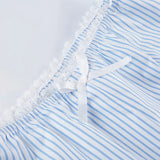 KYLETHOMASW  -  French Casual Suit Women's Summer Blue Striped Off Shoulder Top Low Waist Shorts Two-piece Set Fashion Female Clothes
