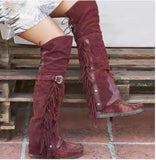 KYLETHOMASW  -  Fashion Bohemia Knee-length Women Boots Ethnic Personality High Boots Tassels Faux Suede Boots Girl Flat Bottom Long Botas Mujer