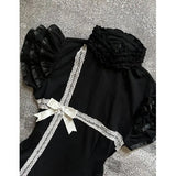 KYLETHOMASW  -  Short Sleeve Bow Lace Mini Dress Cinch Waist Sweet Spicy Black Dress Japanese E-girl Gothic Vintage Dress Women Half High Neck