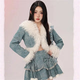 KYLETHOMASW  -  Sweet Hot Girl Suit Women's Autumn/winter Denim Patchwork Furry Short Coat A-line Skirt Two-piece Set Fashion Female Clothes