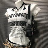 KYLETHOMASW  -  American Summer Subculture Millennial Y2k Hot Star Print Design Short Fake Two-piece Strap Top Short-sleeved T-shirt For Women