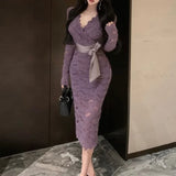 Kylethomasw Vintage Hollow Solid Color Casual Lace Long-sleeved Dress Women Autumn New V-neck Sexy Slim Elegant Mid-length Dress