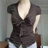 KYLETHOMASW  -  American style light mature V-neck lace up pleated slim fit shoulder T-shirt new polka dot short sleeved top