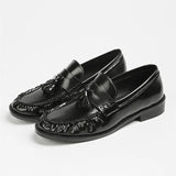 KYLETHOMASW  -  Black Patent Leather Chunky Heel Loafers Fashion Pleated Fringe Sewing Designer Shoes Comfortable Soft Leather Zapatos De Mujer