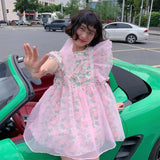 KYLETHOMASW  -  Women Pink O neck Floral Printed Flying Sleeve Puffy Dress 2024 Summer New Sweet Fairy Short Dresses Female Vestidos