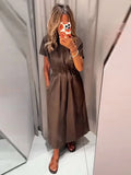 KYLETHOMASW  -  Elegant Women Short Sleeve Midi Dress New Spring Summer Sexy Round Neck Draped High Waist Robe Office Party Long Dresses