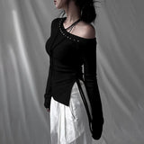 KYLETHOMASW  -  Splicing diagonal collar long sleeved T-shirt with asymmetrical slit design, slimming top for spicy girls